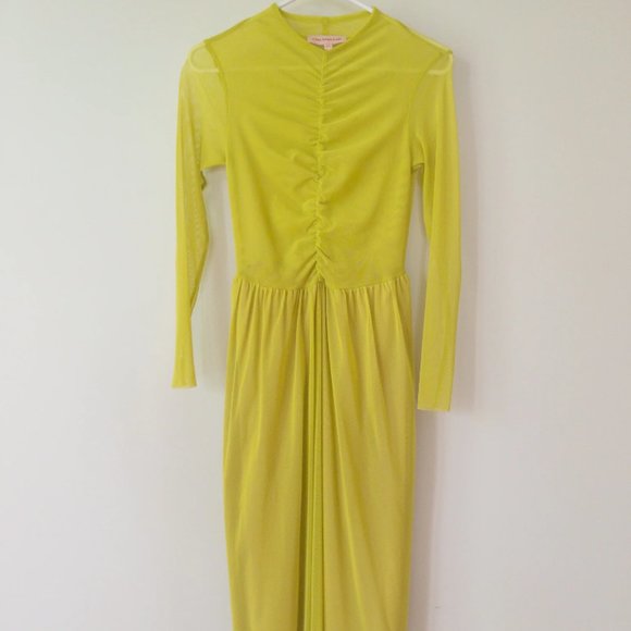Lisa Says Gah XS "Elenor" Midi Mock Neck Sheer Chartreuse Dress - Picture 3 of 5